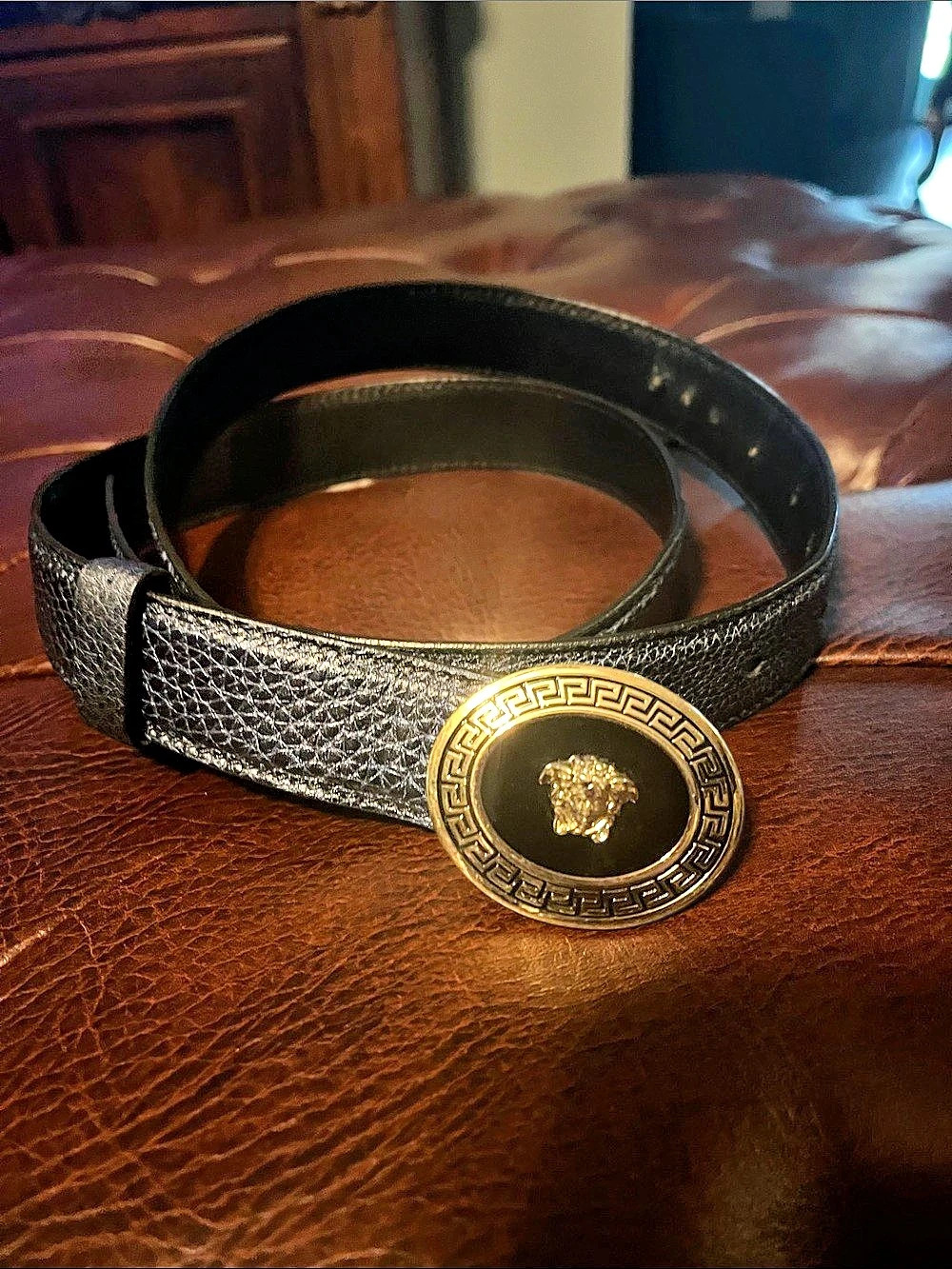 Versace Medusa Head Oval Buckle Leather Belt Blue/Black